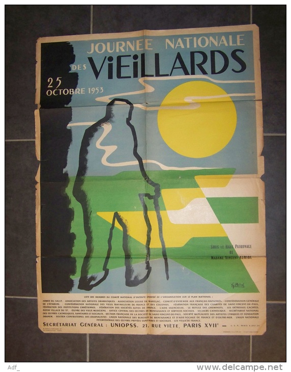 @ AFFICHE JOURNEE NATIONALE DES VIEILLARDS 25/10 1953, SOUS PATRONAGE MME VINCENT AURIOL, ILLUSTRATEUR METRAC ? METRAG ? - Affiches