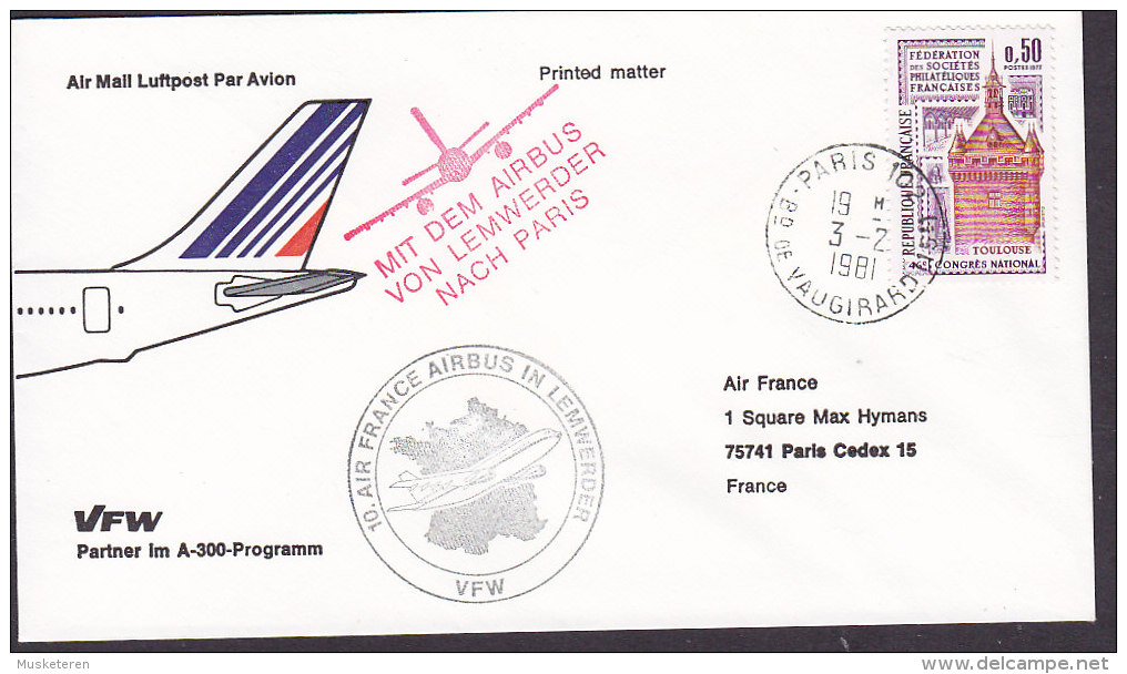 France Airmail Luftpost Par Avion VFW 10. Air France Airbus In LEMWERDER A PARIS 1981 Cover Lettre - Primeros Vuelos