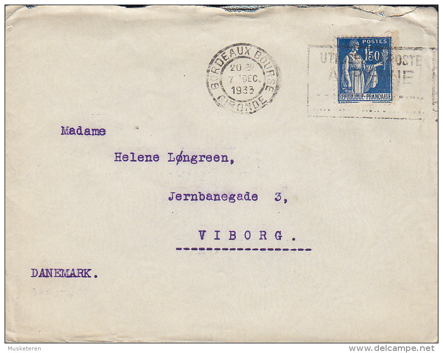 France BORDEAUX BOURSE Gironde 1933 Cover Lettre To VIBORG Denmark Paix & Timbre Antituberculeux (2 Scans) - Tuberkulose-Serien