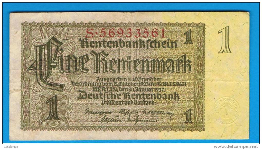 ALEMANIA - GERMANY -  1 Retenmark 1937  KM173 - 1 Rentenmark