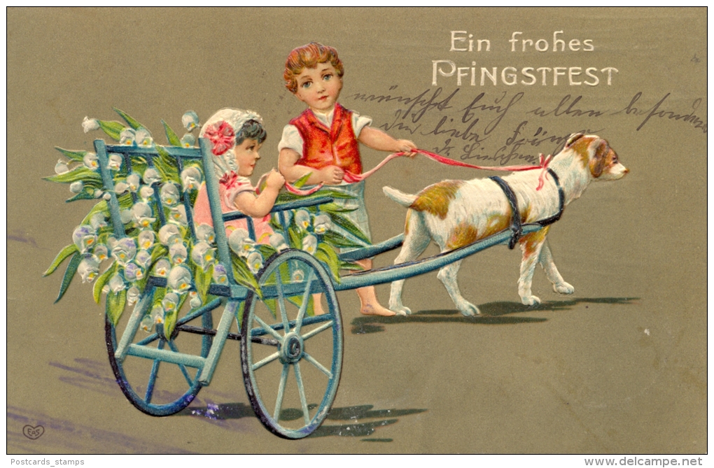 Pfingsten, Kinder, Kutsche Mit Hund, Prägekarte, 1908 - Pinksteren
