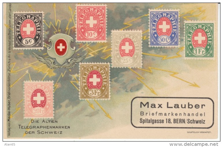 Telegraph Stamps Of Switzerland, Bern Stamp Dealer Advertisement, On C1900s Vintage Postcard - Francobolli (rappresentazioni)