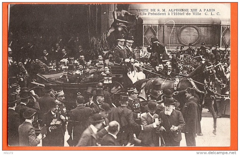 PO-06  Visite De S.M. Alphonse XIII Roi D'Espagne à Paris, Roi Et Président à L'Hotel De Ville, TRES ANIME. Circulé 1905 - Familles Royales