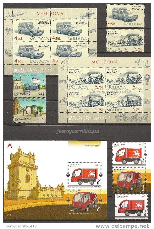 EUROPA 2013-“LOS VEHICULOS POSTALES"- COLECCIÓN  COMPLETÍSIMA: SELLOS+HOJITAS y HOJAS BLOQUE-TEMÁ EMITIDO POR 64 PAISES