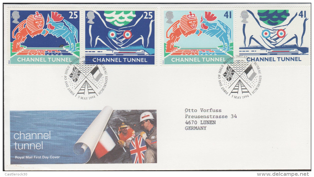 O) 1994 UNITED KINGDOM, HANS, COAT, FLAG, CHANNEL TUNNEL, FDC USED TO GERMANY, XF - Ohne Zuordnung