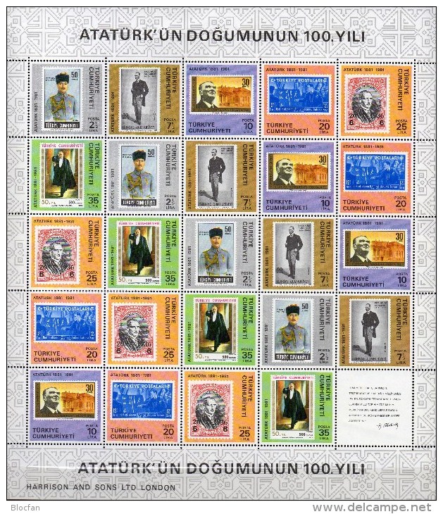 Briefmarken Auf Marken Der Türkiye 1981 Türkei 2551/6 Im 25-KB ** 80€ 100.GT Atatürk Bloque M/s Bloc Se-tenant Bf Turkye - Blokken & Velletjes
