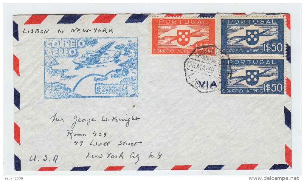 Portugal LISBON/NEW YORK FIRST FLIGHT COVER 1939 - Lettres & Documents