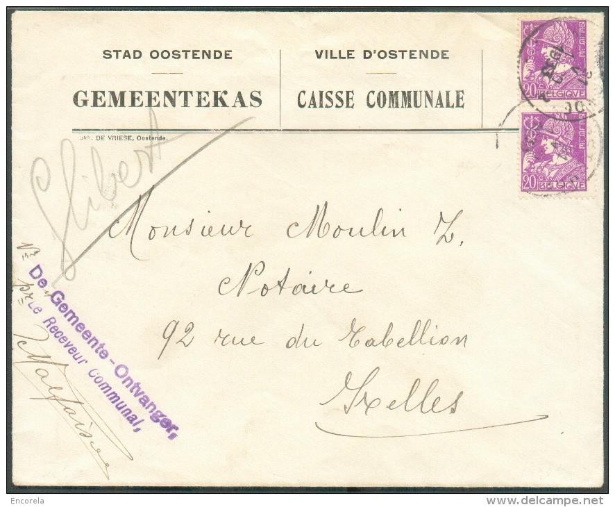 20 Centimes Violet (paire) Obl. Sc OOSTENDE Sur Lettre Du 21-V-1933 Vers Ixelles (Caisse Communale De La Ville D'Ostende - 1932 Ceres En Mercurius