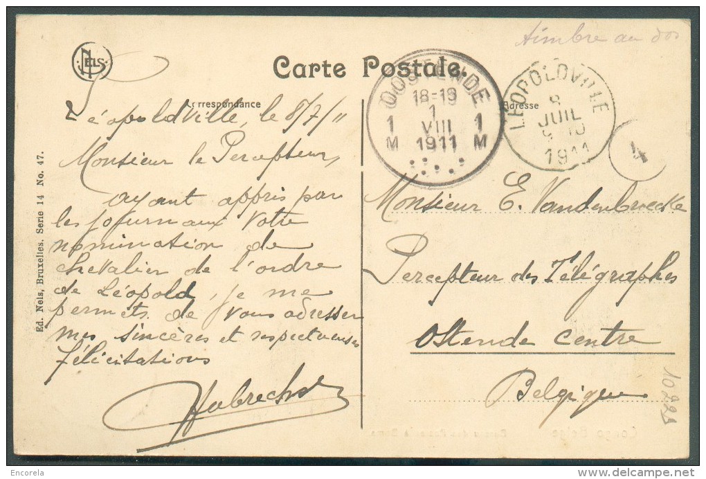 10 Centiles Bilingue Obl. Sc LEOPOLDVILLE Sur C.V. (Bureau De Poste à BOMA) Du 8 Juillet 1911 Au Percepteur Des Télégrap - Brieven En Documenten