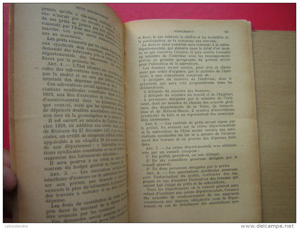 SUPPLEMENT AU PETIT AVOCAT CONSEIL  OU MANUEL ELEMENTAIRE DE DROIT USUEL ET PRATIQUE  DECRETS ET LOIS DE L'ANNEE 1928