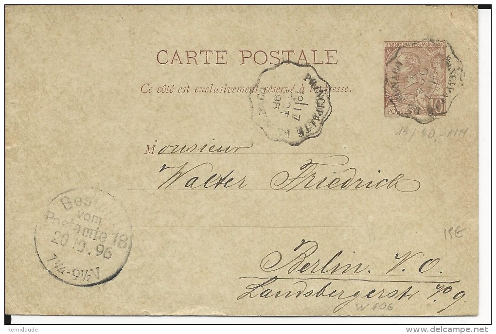 MONACO - 1895 - CARTE ENTIER POSTAL Avec AMBULANT Pour BERLIN (ALLEMAGNE) - Poststempel