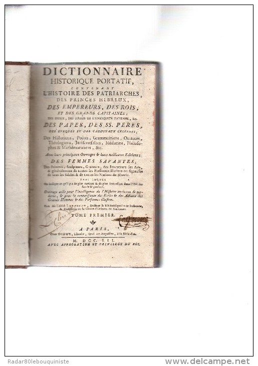 L'abbé Ladyocat.Dictionnaire Historique Portatif,histoire Des Patriarches,des Princes HEBREUX.2 Volumes.1752.in-12. - 1701-1800