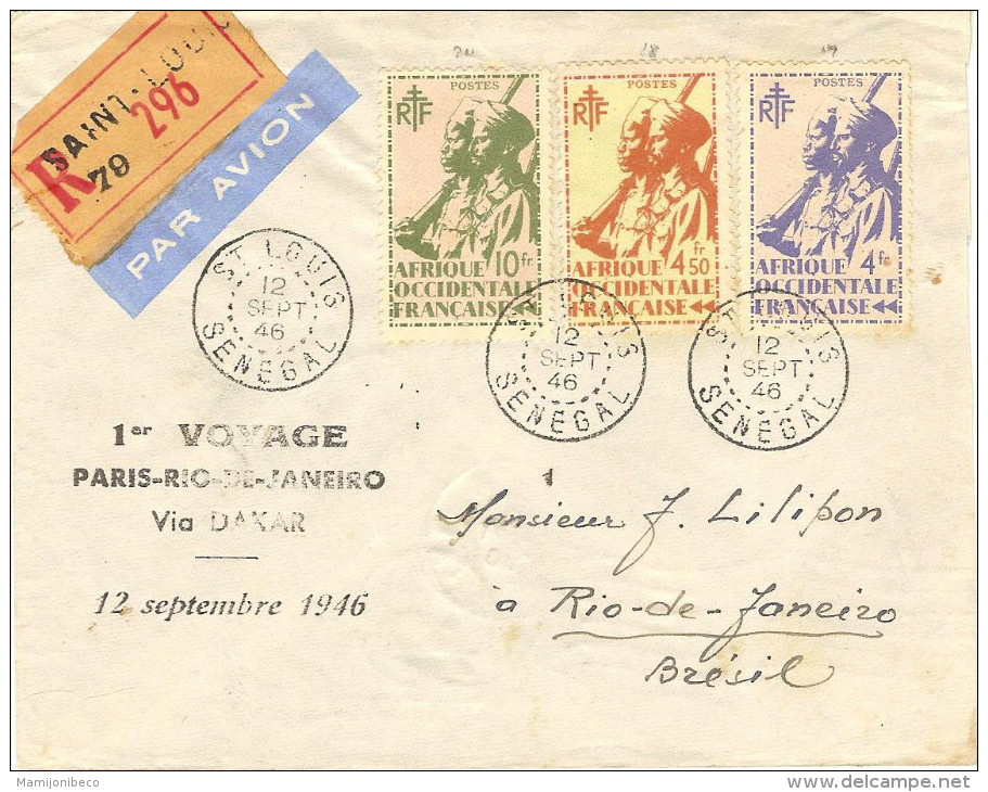 AIR FRANCE Ouverture Du 2°service (Paris)Dakar-Rio De Janeiro 12/09/46  Griffe Spéciale Assez Rare - Premiers Vols