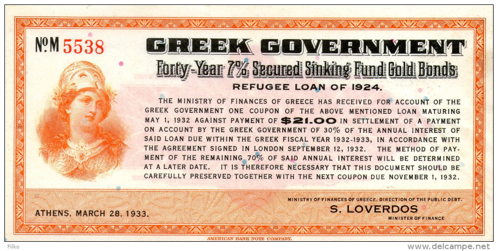 Greek Government Forty-Year 7% Secured Sinking Fund Gold Bond - Refugee Loan Of 1924 - Athens, March 28, 1933,UNC,as Sc - Grèce