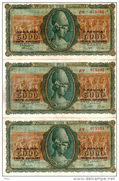 Greece,lot Of 3, 5000 Dr.19.07.1943,P.122a,consecutive Banknotes Serial No.as Scan - Grèce