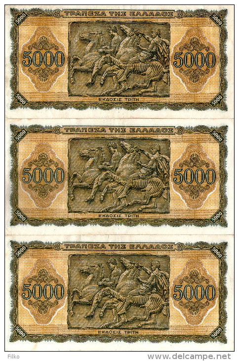 Greece,lot Of 3, 5000 Dr.19.07.1943,P.122a,consecutive Banknotes Serial No.as Scan - Griechenland