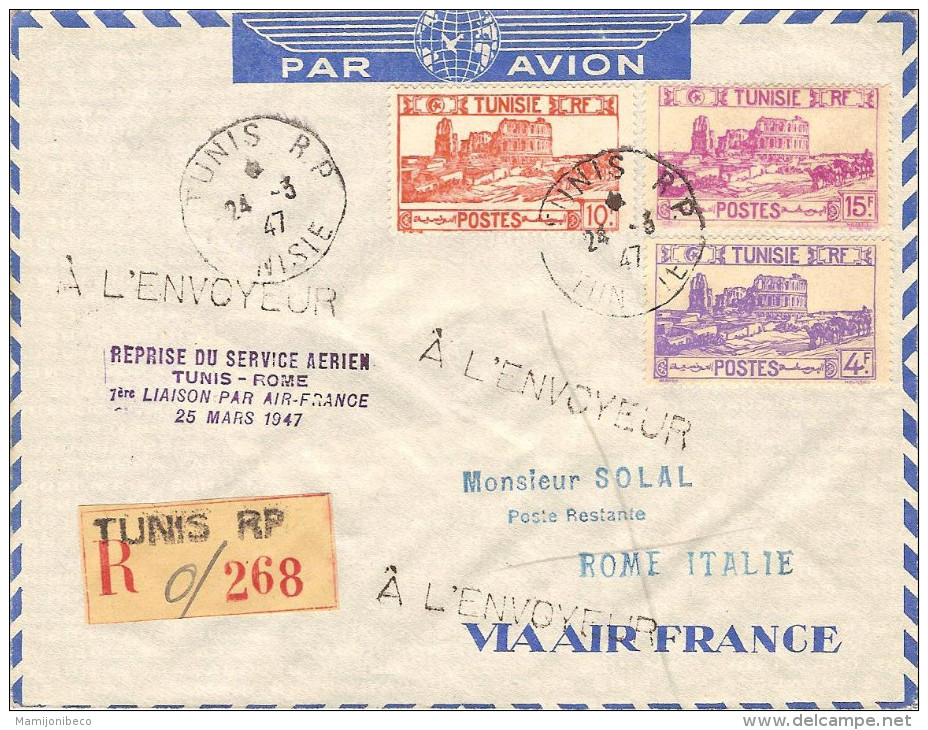 AIR FRANCE Reprise Du Service Aérien Tunis-Rome 1°liaison 25/03/47 - Primeros Vuelos