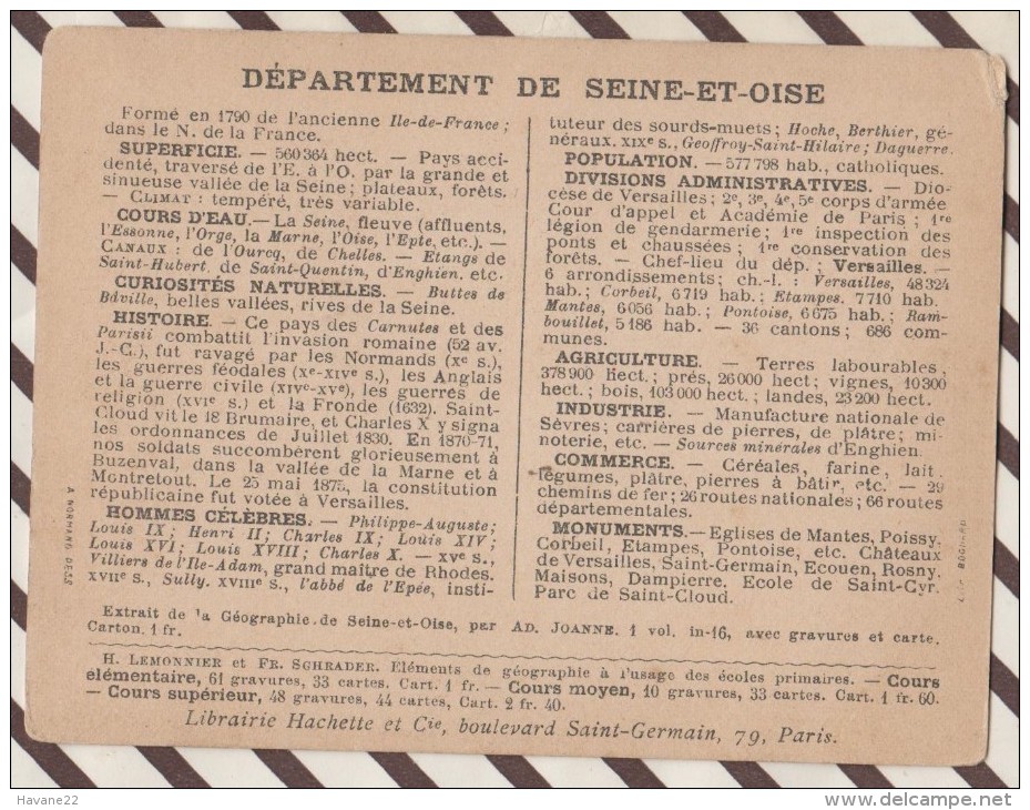 4AG1654 CHROMO HACHETTE Géographique + Vues Département SEINE ET OISE ETAMPES MANTES PONTOISE - Géographie