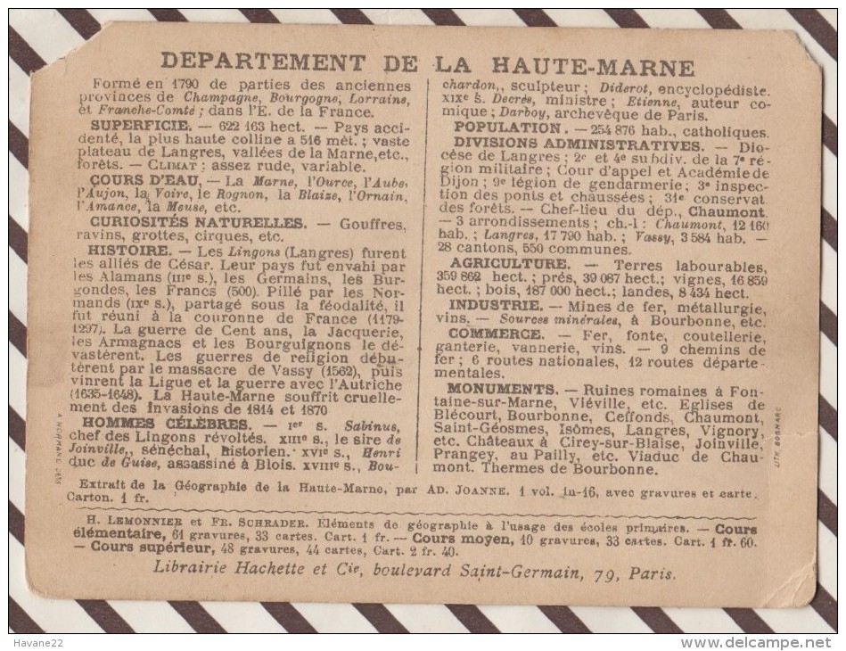 4AG1662 CHROMO HACHETTE Géographique + Vues Département  HAUTE MARNE LANGRES BOURMONT Coin Coupé - Géographie