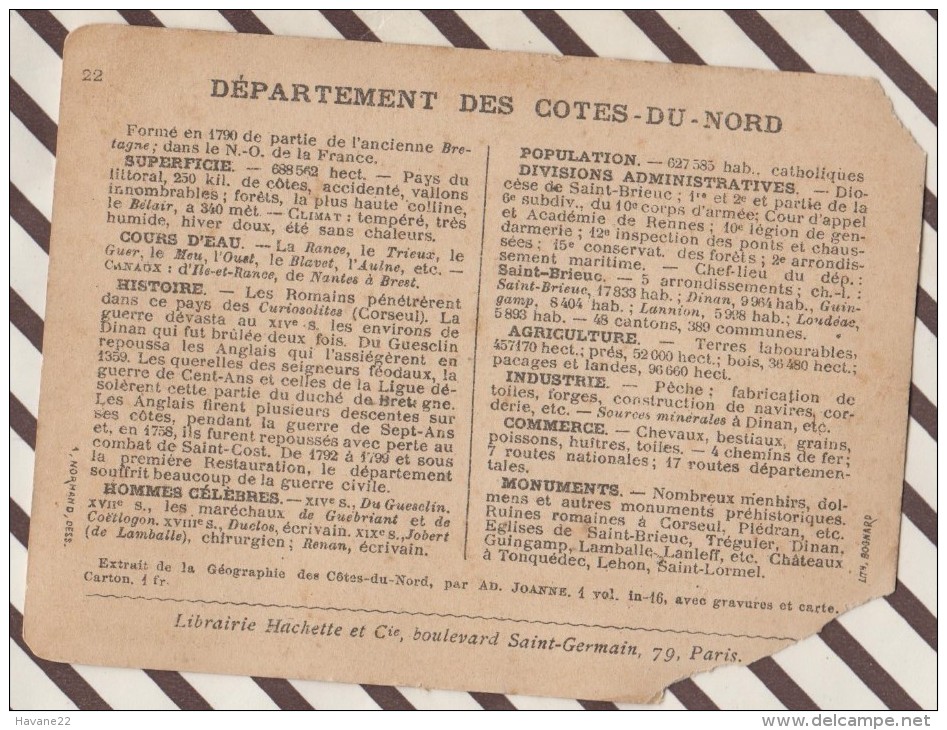 4AG1664 CHROMO HACHETTE Géographique + Vues Département COTES DU NORD  GUINGAMP ST BRIEUC Abimé - Géographie