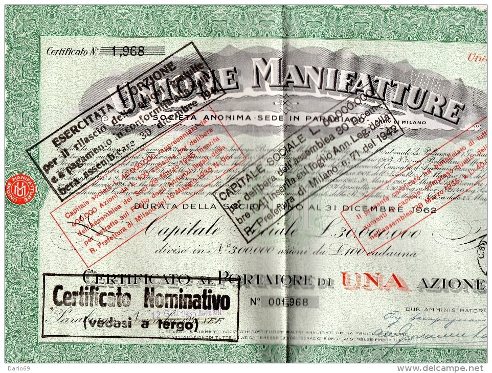 1935 AZIONE UNIONE  MANIFATTURE - Industrie