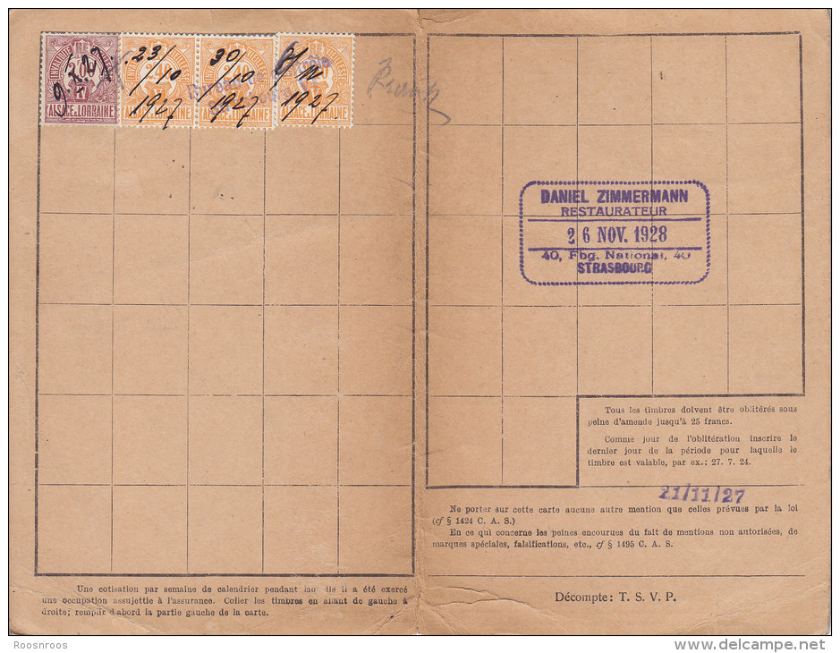 CARTE QUITTANCE INVALIDITE VIEILLESSE ALSACE LORRAINE STRASBOURG 1927 RAEPPEL CACHET ZIMMERMANN RESTAURATEUR - Documenti Storici