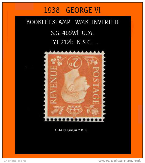 GREAT BRITAIN 1938 GEORGE VI INVERTED WMK. 2d. U.M. EXCELLENT PERFORATION S.G. 465Wi N.S.C. YT 212b - Unused Stamps