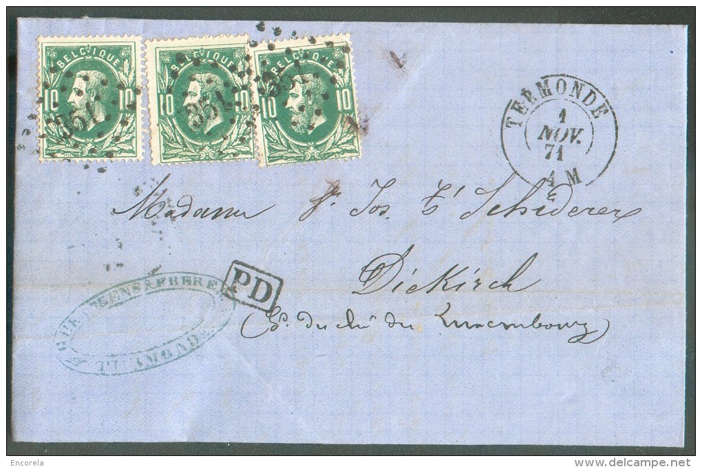 N°30 - 10 Centimes Verts (x3) Obl. LP.351 Sur Lettre De TERMONDE Le 1 Novembre 1871 Vers Diekirch, Via (verso) Luxembour - 1869-1883 Leopold II