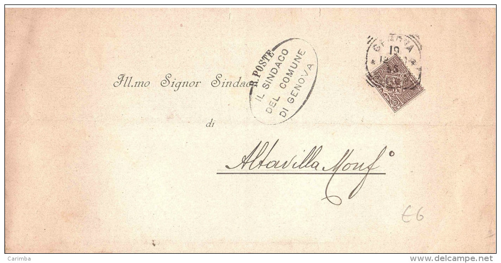 1908 CENT.1 DAL COMUNE DI GENOVA A ALBAVILLA MONFERRATO - Storia Postale