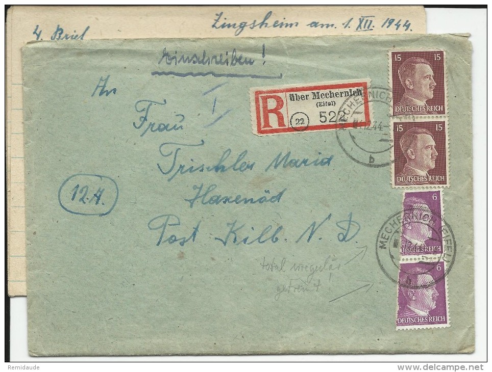 1944 - ENVELOPPE RECOMMANDEE De MECHERNICH (EIFEL) Avec AFFRANCHISSEMENT IRREGULIER (TIMBRES PARTIELS COUPES) - Briefe U. Dokumente