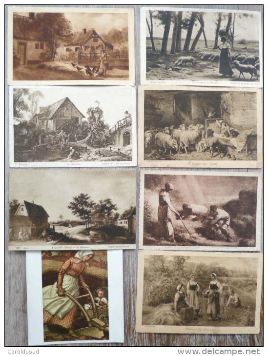 Cpa Lot 10x Litho Illustrateur Peinture Theme Femme Travail A La Ferme Charrue Mouton Bergere Semeuse Voir Details - Colecciones Y Lotes