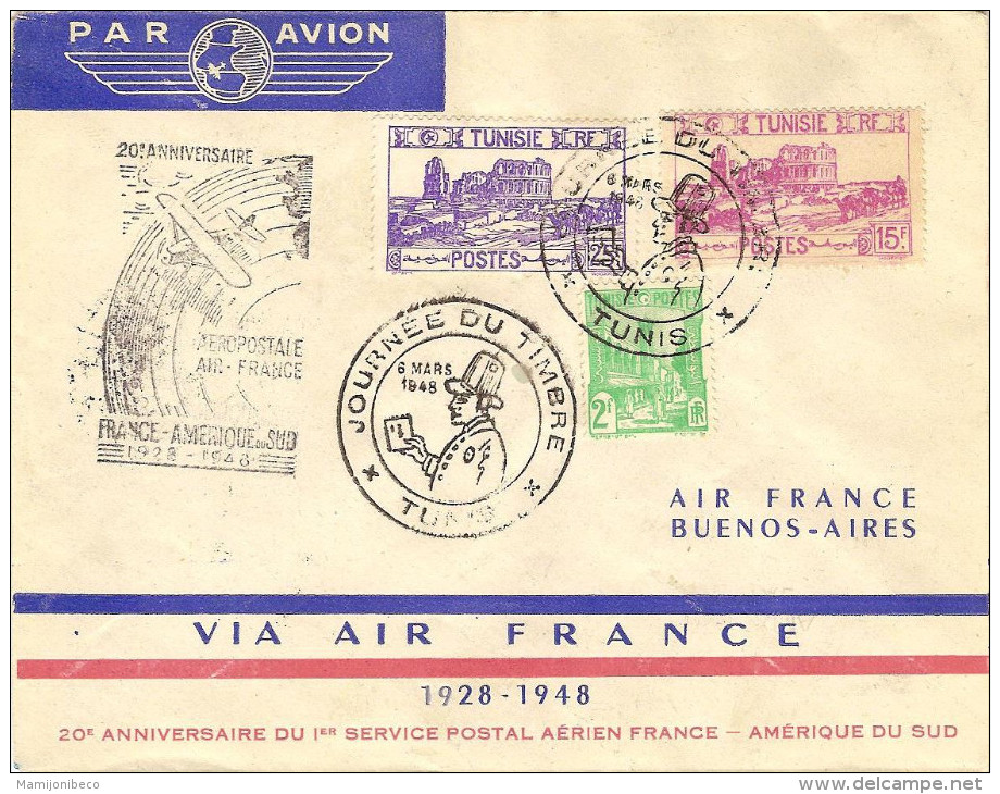 AIR FRANCE 20° Anniv.ligne Fce/Amér.Sud 07/03/48 Paris-(Tunis)-Buenos Aires Enveloppe Spéciale Air France - Erst- U. Sonderflugbriefe