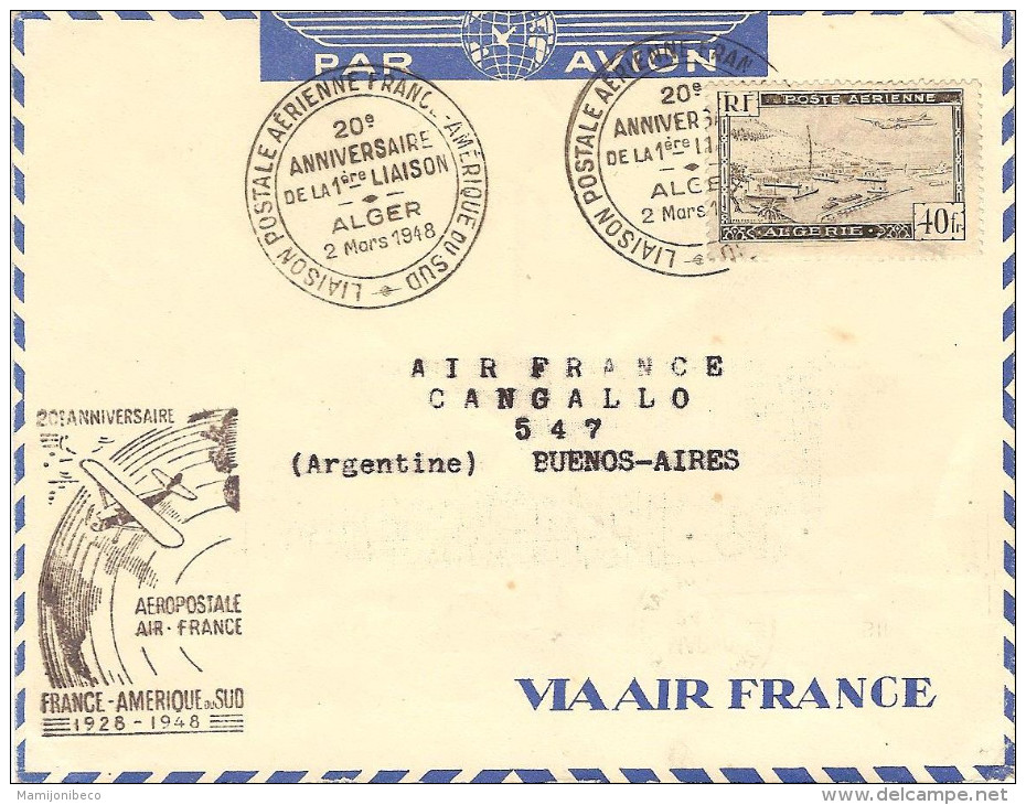 AIR FRANCE 20° Anniv.ligne Fce/Amér.Sud 07/03/48 (Paris)-Alger-Buenos Aires Enveloppe Air France - Erst- U. Sonderflugbriefe