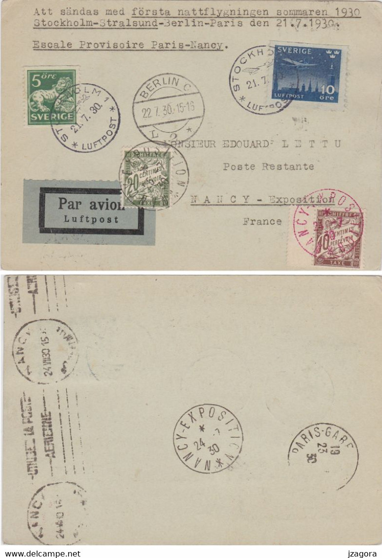 FIRST NIGHT FLIGHT ERSTER NACHTFLUG PREMIER VOL DE NUIT 1930 SWEDEN - GERMANY -  FRANCE -  Tax Stamps - Erst- U. Sonderflugbriefe