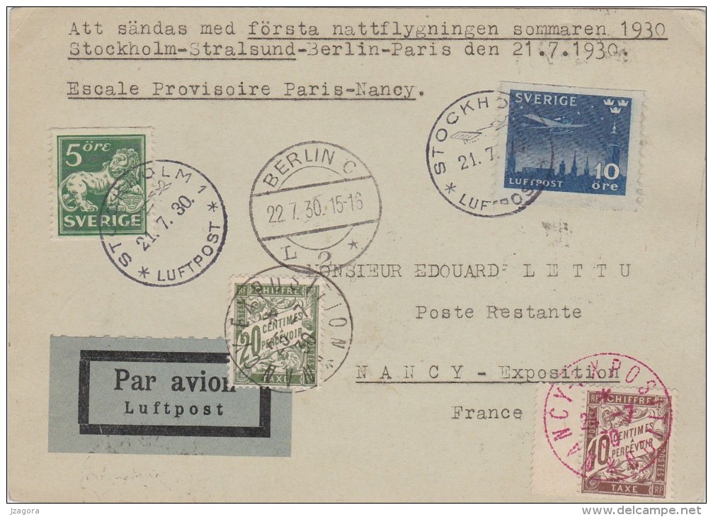 FIRST NIGHT FLIGHT ERSTER NACHTFLUG PREMIER VOL DE NUIT 1930 SWEDEN - GERMANY -  FRANCE -  Tax Stamps - Erst- U. Sonderflugbriefe