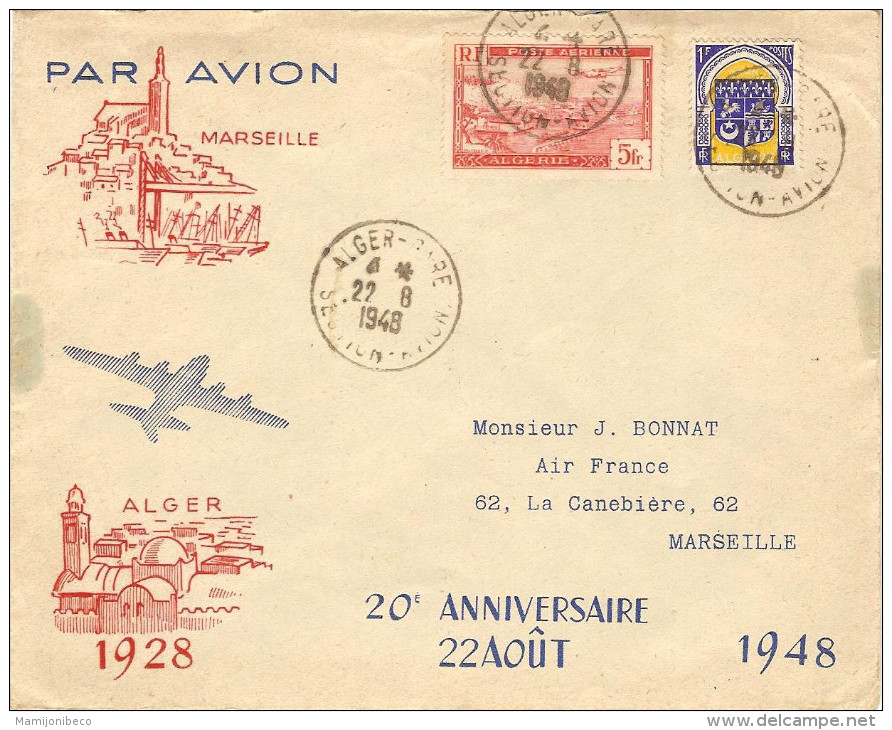 AIR FRANCE Vol Du 20°anniversaire Marseille-Alger 11/08/48 2 Plis A Et R Enveloppes Spéciales - Erst- U. Sonderflugbriefe