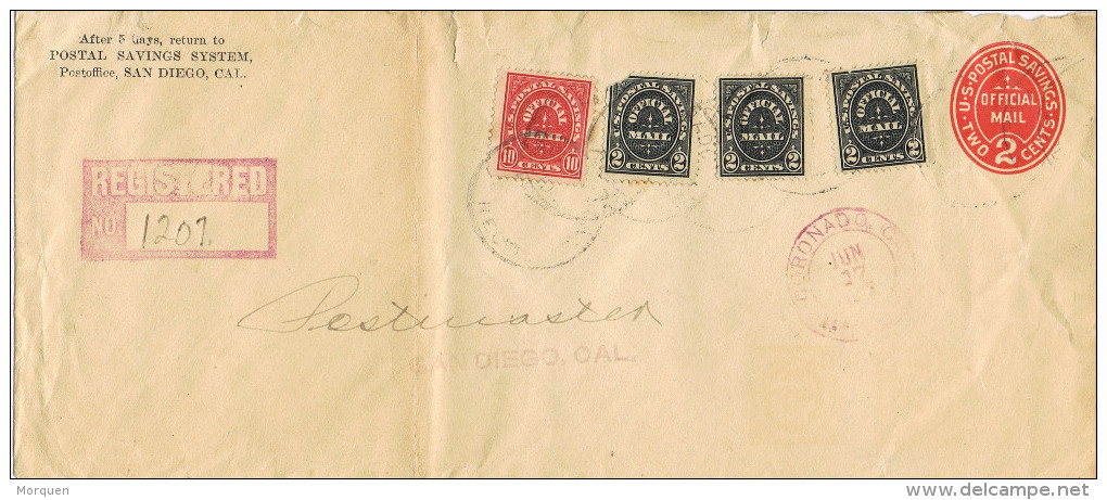 10811 . Carta Entero Postal OFFICIAL MAIL, San Diego (California) 1912. Postal Savings - 1901-20