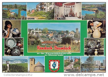 6406- POSTCARD, RANSBACH BAUMBACH- SWIMMING POOL, TOWN HALL, CHURCH, CERAMICS, FOUNTAIN, PANORAMA - Other & Unclassified