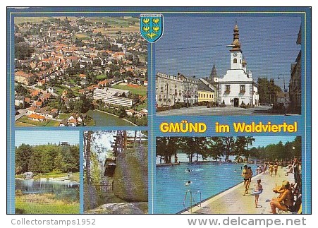 6445- POSTCARD, GMUND- PANORALA, RIVER, CHURCH, SWIMMING POOL - Gmünd