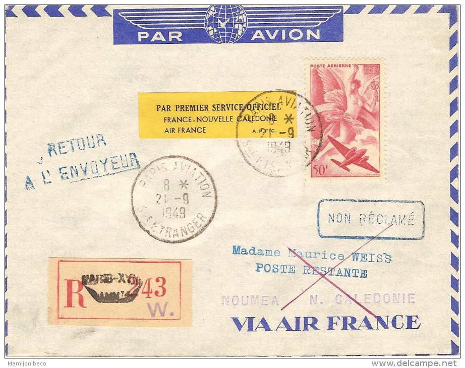 AIR FRANCE 1°service Régulier Paris-Saigon-Nouméa 21/09/49 - Erst- U. Sonderflugbriefe