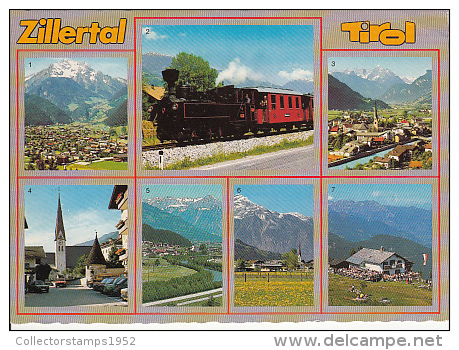 6482- POSTCARD, ZILLERTAL- PANORAMAS, SQUARE, TRAIN, MOUNTAINS - Zillertal