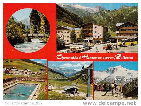 6483- POSTCARD, HINTERTUX- WINTER SPORTS TOWN, HOTELS, SWIMMING POOL, CHALET, CABLE CHAIRS, MOUNTAINS, BRIDGE - Zillertal