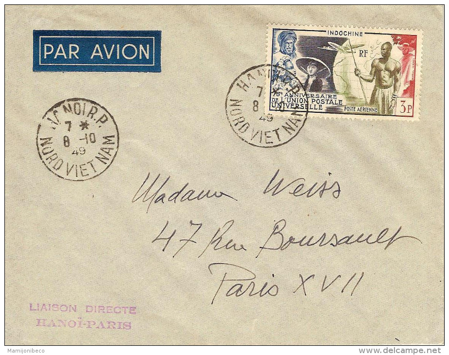 AIR FRANCE 1°courrier Ligne Paris-Saigon Avec Escale à Hanoi 08/10/49 Vol Retour - Erst- U. Sonderflugbriefe