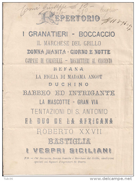 COMPAGNIA ITALIANA OPERETTE COMICHE,CATANIA, PIEGO ILLUSTRATIVO DELLE OPERE,1896,CATANIA -MONZA TONDORIQUADRATO - Teatro, Travestimenti & Mascheramenti