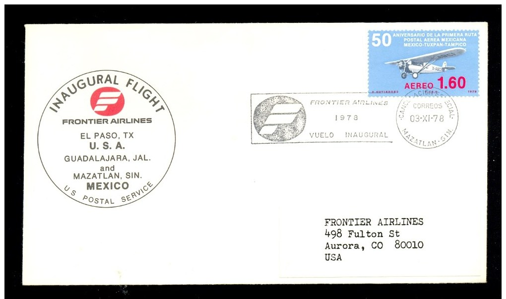 MEXICO FFC INAUGURAL FLIGHT FRONTIER AIRLINES EL PASO USA - GUADALAJARA / MAZATLAN MEXICO * 1978 - Mexico