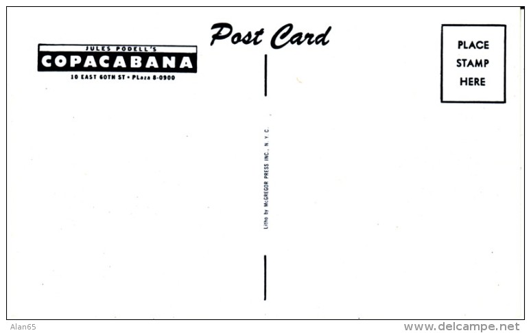 New York City NY, Copacabana Night Club Advertisement, Morse Artist Signed Image, C1940s/50s Vintage Postcard - Manhattan