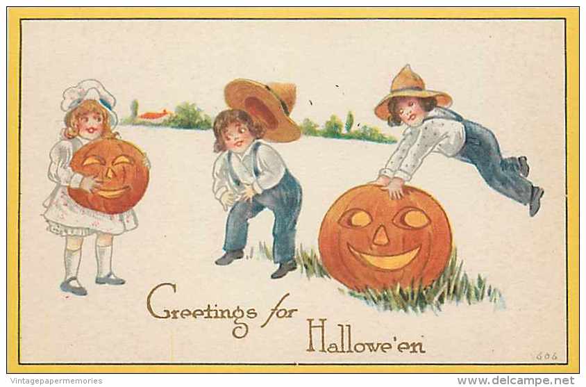 227843-Halloween, Gibson No 606-4, Children Playing With Jack O Lanterns In Field - Halloween