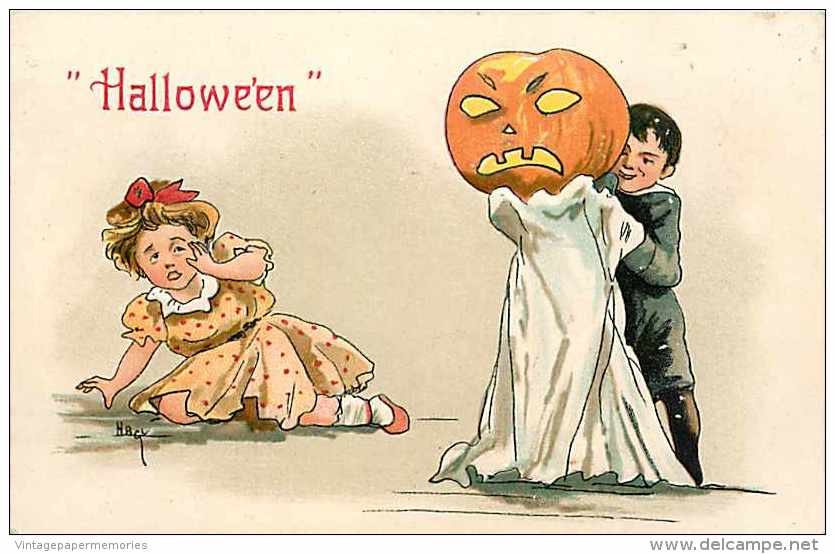 227133-Halloween, Leubrie & Elkus No 2214-1, Artist HB Griggs,Boy With Jack O Lantern & Ghost Costume Scaring Young Girl - Halloween