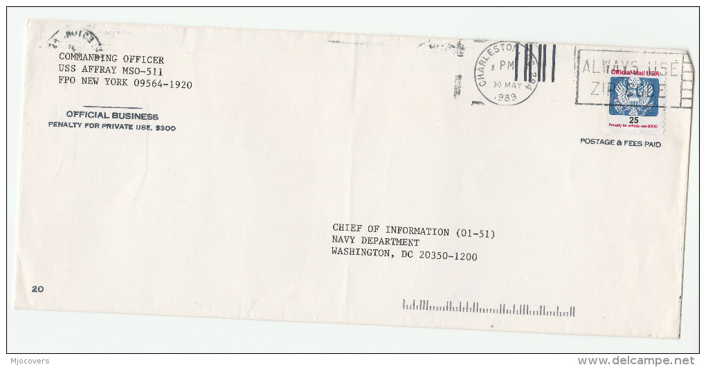 1989 COVER From Commanding Officer USS AFFRAY  25c OFFICIAL MAIL Stamps To NAVY DEPT USA United States Ship - Ships