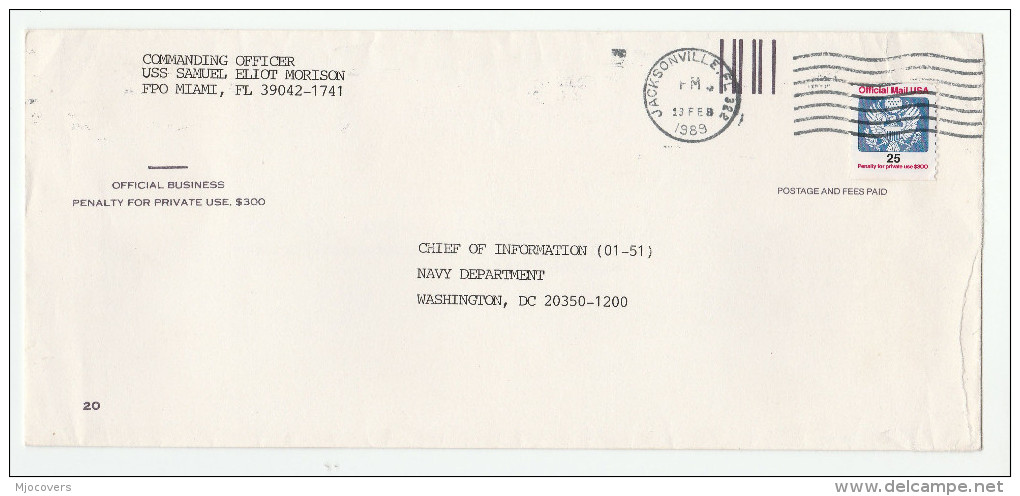 1989 COVER From Commanding Officer USS SAMUEL ELION MORISON 25c OFFICIAL MAIL Stamps To NAVY DEPT USA United States Ship - Ships